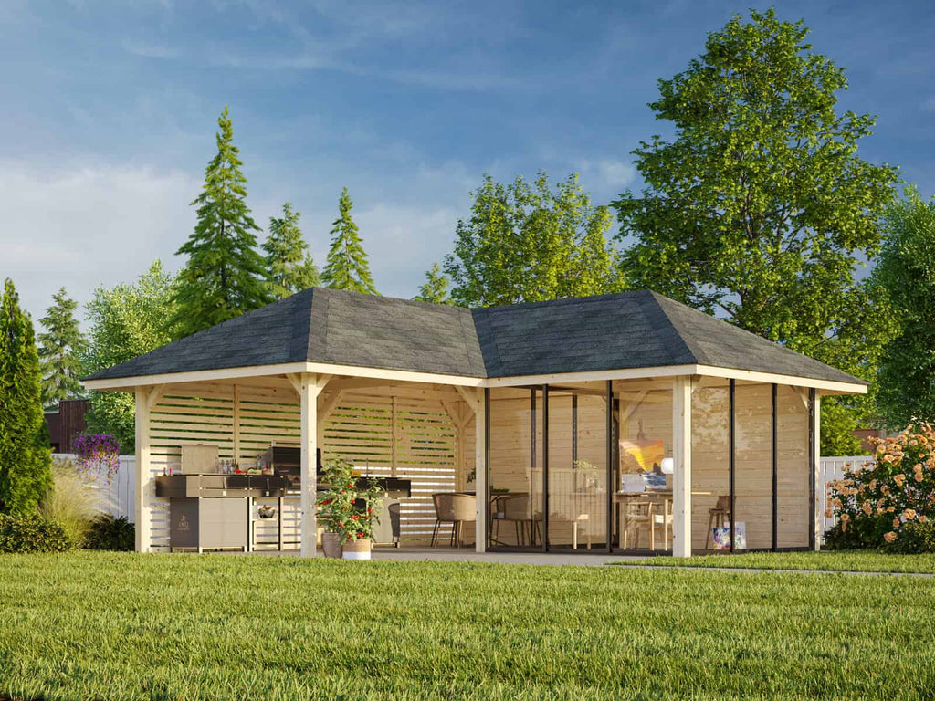 Bianca 211/511 (6x6m | 24.9m2) Corner Summer House With Sliding Doors And Louvre Walls (Double Glazing Available) - Palmako UK