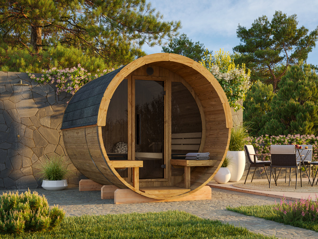 ANITA Thermo M Glass (2,2x2,5m|1,3m2|42mm) Thermowood Barrel Sauna with Glass Wall