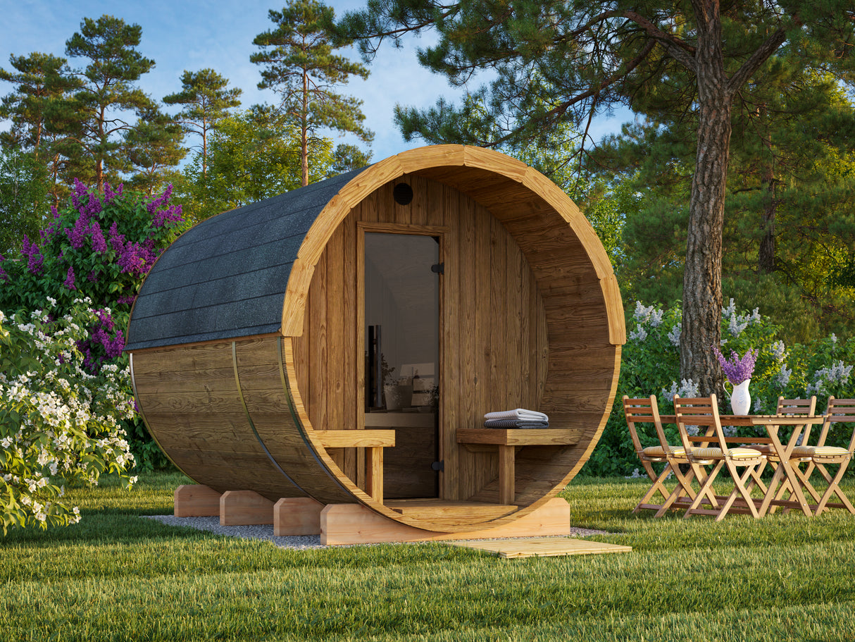 ANITA Thermo L Glass (2,2x2,9m|1,6m2|42mm) Thermowood Barrel Sauna with Glass Wall