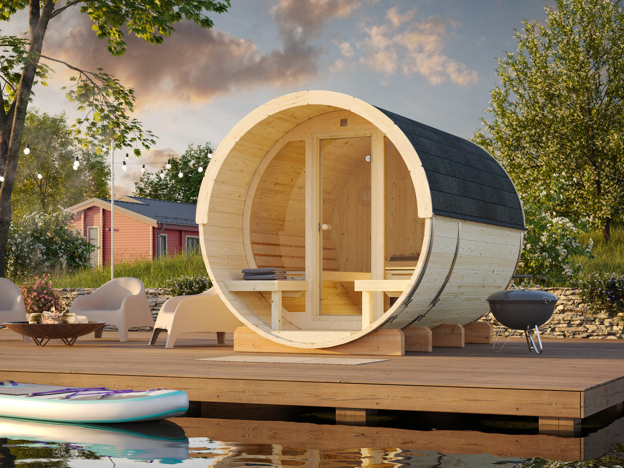 Anita L (2.2x2.9m | 1.6+0.7m2 | 42mm) Timber Garden Barrel Sauna with Glass wall - Palmako UK