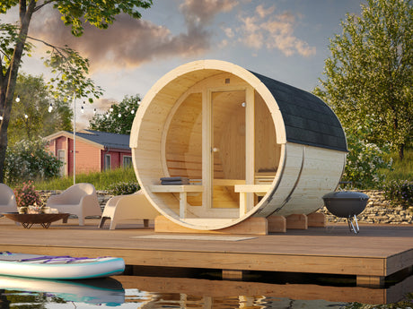 Anita L (2.2x2.9m | 1.6+0.7m2 | 42mm) Timber Garden Barrel Sauna with Glass wall - Palmako UK