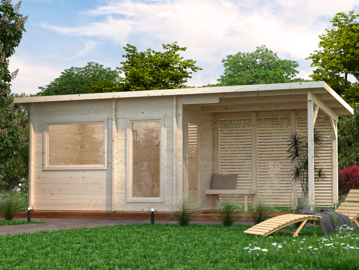 Sanna M+ (6.5x2.5m | 6.8+5.9m2 | 44mm) Modern Garden Sauna with Dressing Room and Canopy