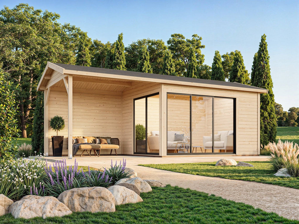 Amanda S+ (6,7x3m | 11,2+7,8 m2 | 44mm) Modern Garden Room With Canopy and Sliding Doors (Double Glazing Available) - Palmako UK