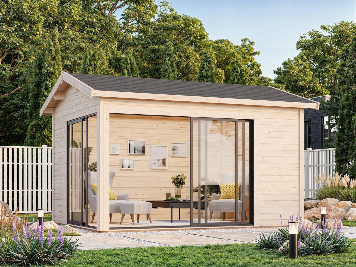 Amanda S (3,9x3m | 11,2m2 | 44mm) Modern Corner Summer House With Sliding Doors (Double Glazing Available) - Palmako UK