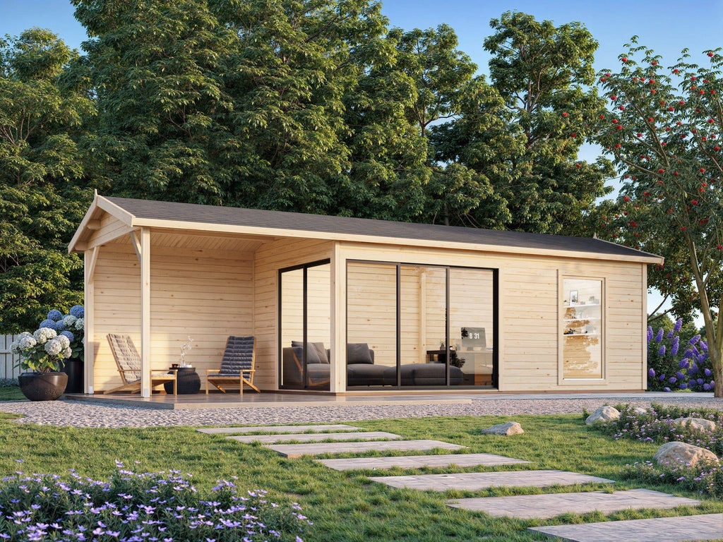 Amanda M+ (8,7x3m | 17,1+7,8 m2 | 44mm) Modern Garden Room with Canopy and Sliding Doors (Double Glazing Available) - Palmako UK