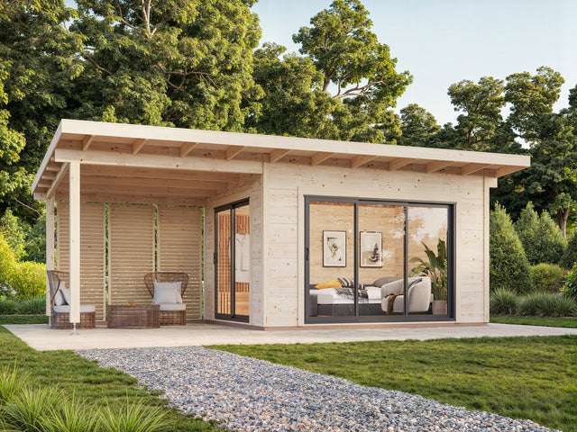 Grace (4x3m | 11.2+8.2m2 | 56mm) Year-Round Glue-Laminated Garden Room with Double Glazed Sliding Doors And Canopy - Palmako UK