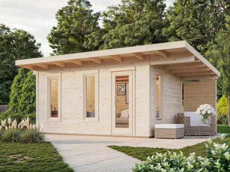 Grace (4.5x2.9m | 12.4+4.1m2 | 56mm) Year-Round Glue-Laminated Garden Room With Canopy - Palmako UK