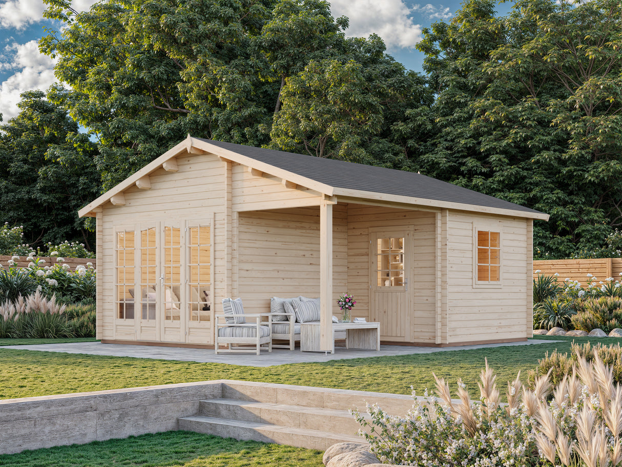 Irene XL (5.3x5.7m | 21.9+5.2m2 | 44mm) Summer House Log Cabin with Porch - Palmako UK