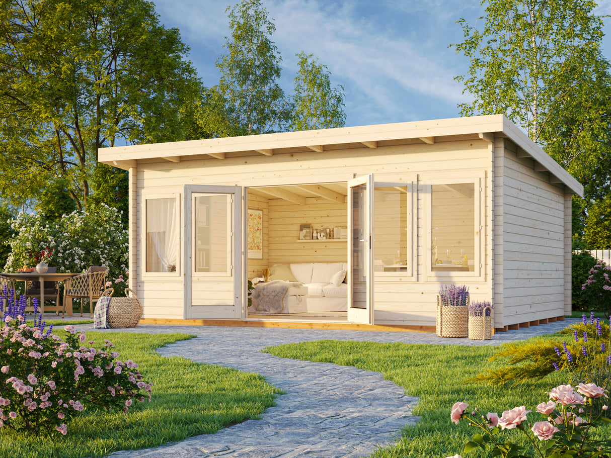 Lisa L (5.5x4m | 19.4m2 | 44mm) Spacious Pent Roof Summer House with Double Doors  (2024 Upgraded Model)