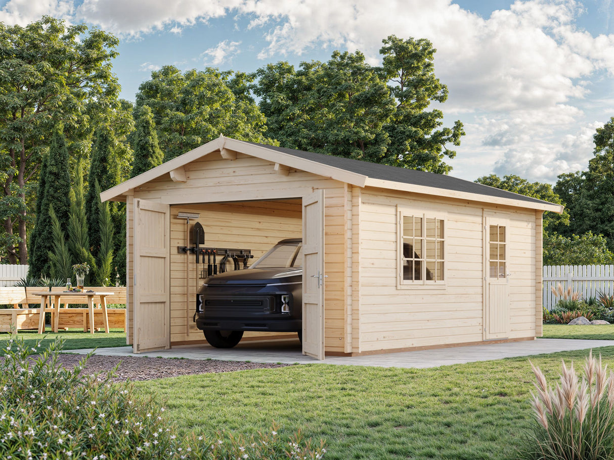 Roger XS (3.8x5.7m | 19m2 | 44mm) Compact Timber Log Garage with Wooden Doors - Palmako UK