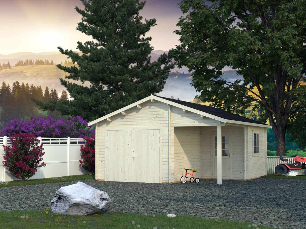 Roger M (5.3x5.7m | 21.9+5.2m2 | 44mm) Log Garage with Wooden Gate and Canopy