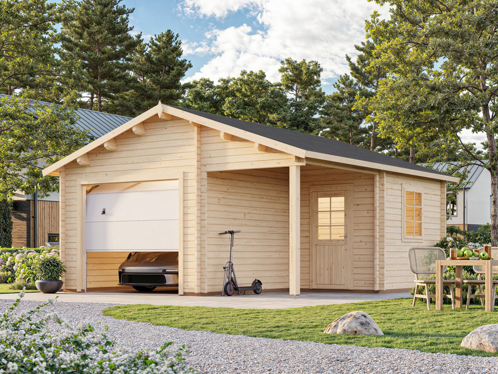 Roger M (5.3x5.7m | 21.9+5.2m2 | 44mm) Log Garage with Sectional Door and Canopy - Palmako UK