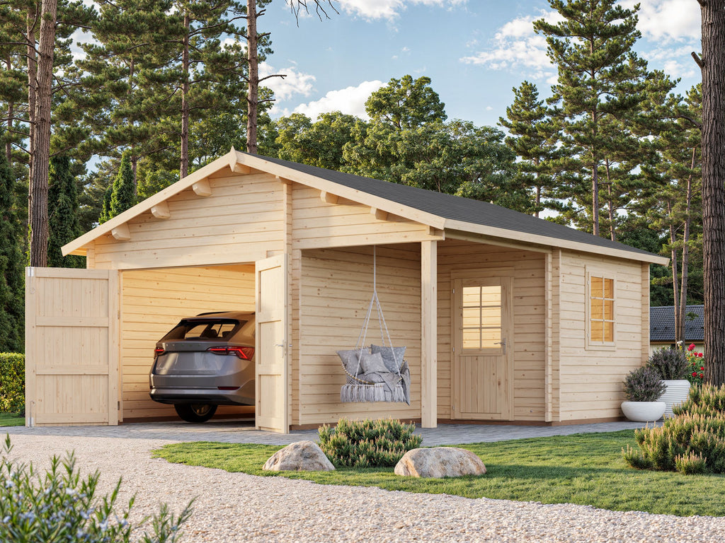 Roger M (5.3x5.7m | 21.9+5.2m2 | 44mm) Log Garage with Wooden Gate and Canopy - Palmako UK