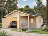 Roger M (5.3x5.7m | 21.9+5.2m2 | 44mm) Log Garage with Wooden Gate and Canopy - Palmako UK