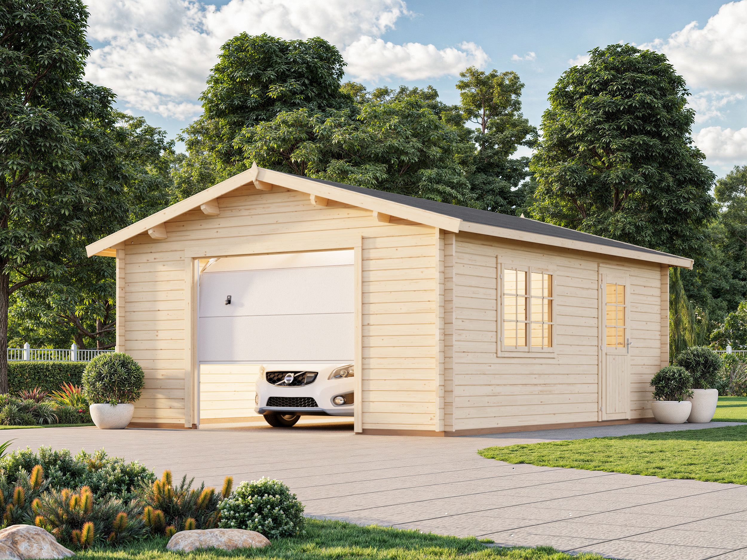 Roger S (4.7x5.7m | 23.9m2 | 44mm) Log Garage with Sectional Door