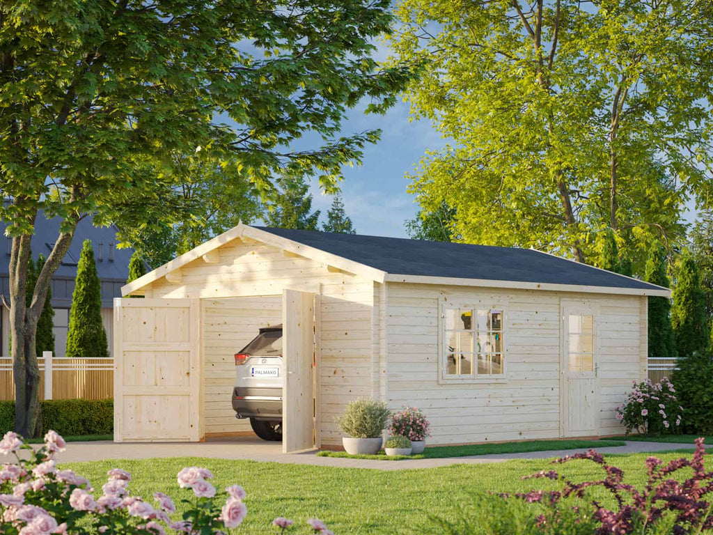 Roger S (4.7x5.7m | 23.9m2 | 44mm) Log Garage with Wooden Gate - Palmako UK