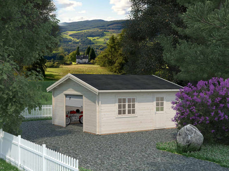 Roger L (5.6x5.6m | 27.7m2 |70mm) Spacious Timber Log Garage with Sectional Door