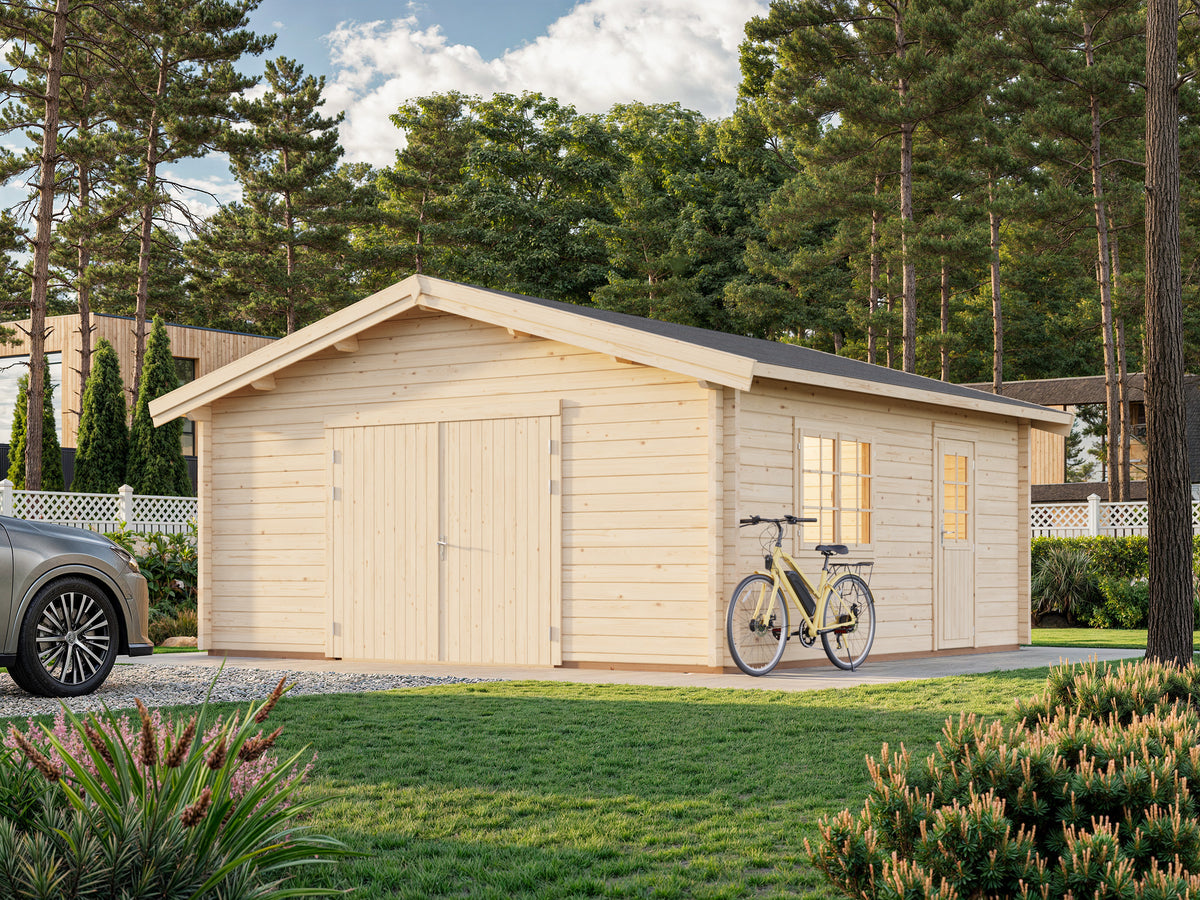 Roger L (5.6x5.6m | 27.7m2 | 70mm) Spacious Timber Log Garage with Wooden Gate - Palmako UK
