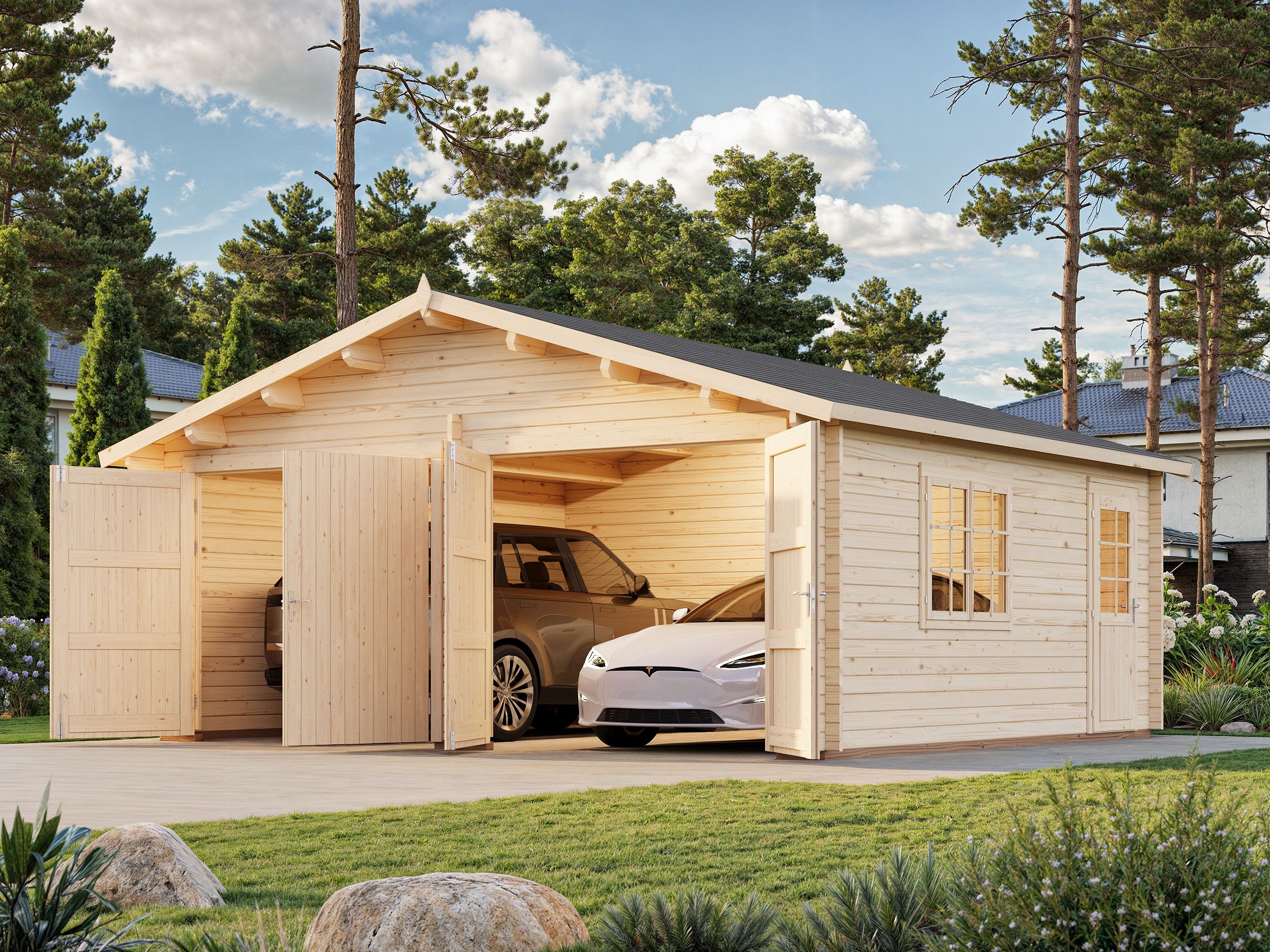 Roger XL (6x5.3m | 28.4m2 | 44mm) Timber Log Double Garage with Wooden