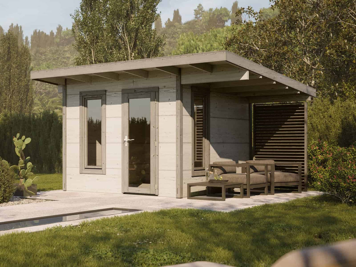 Grace (3x2.9m | 8.1m2+4.1m2 | 56mm) Glue-Laminated Year-Round Garden Room with Roof Canopy