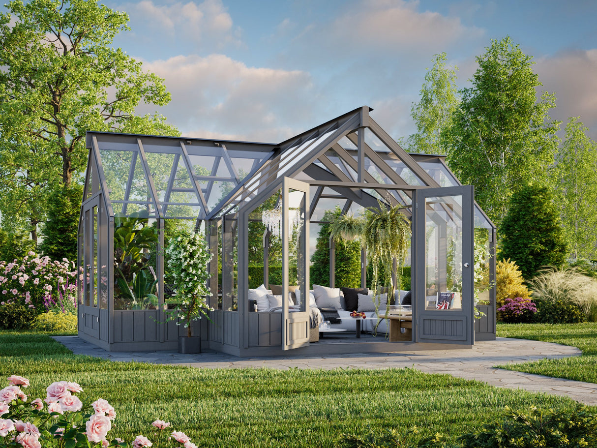 Emilia XL (4.2x5.4m | 19.1m2 | 18mm) Large T-Shaped Premium Greenhouse (Painted Grey or Pressure Treated)
