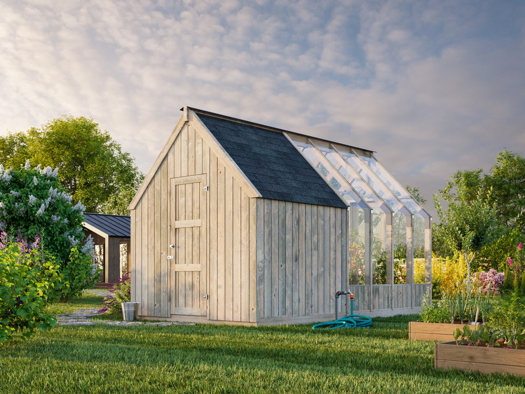 Emilia S+ (2,4x4,3m|5,4+4m2|18mm ) Compact Greenhouse with Shed - Pressure Treated - Palmako UK