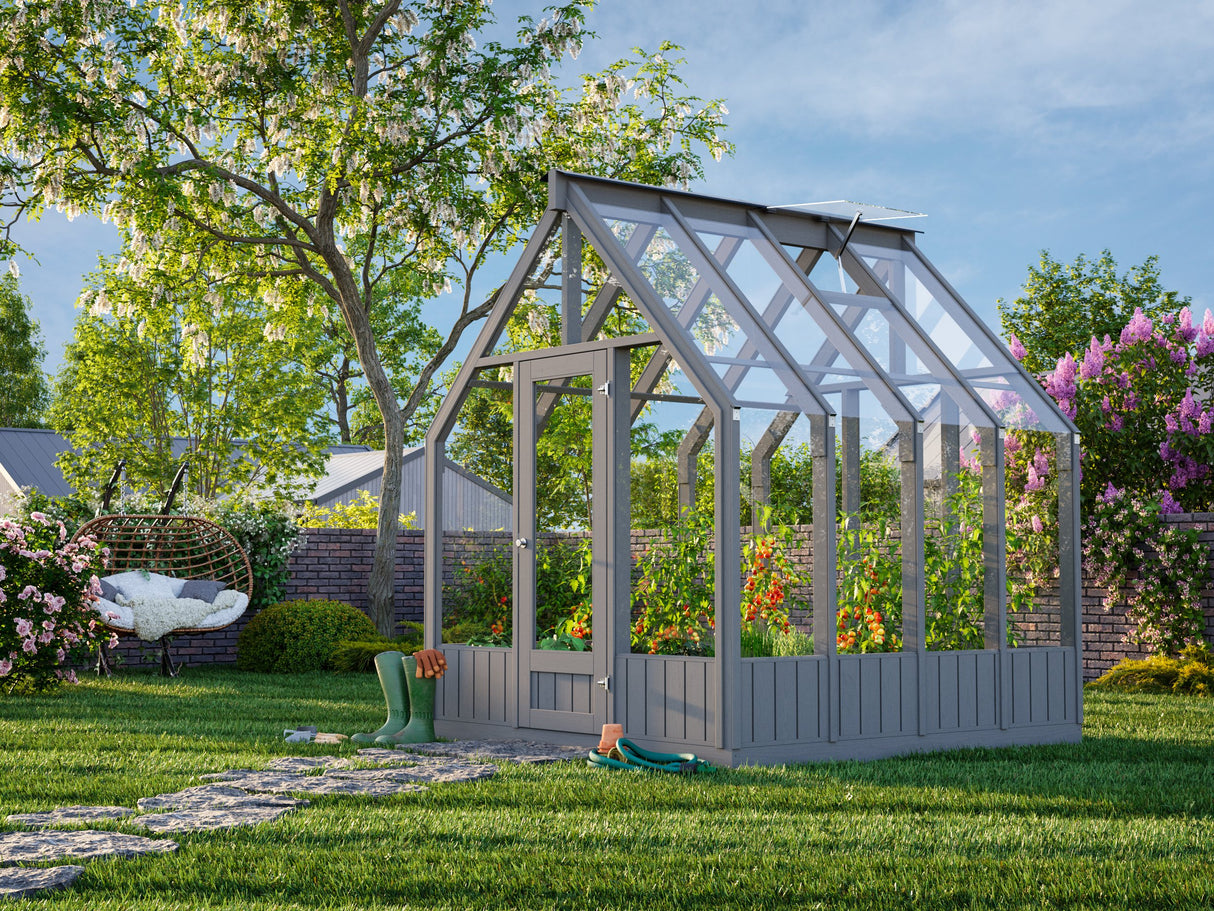 Emilia S (2.4x2.4m | 5.4m2 | 18mm) Compact Premium Greenhouse (Painted Grey or Pressure Treated)