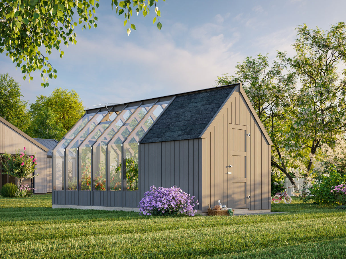 Emilia M+ (2,4x5,5m|8,2+4,0m2|18mm ) Greenhouse with Tool Shed - Painted Grey