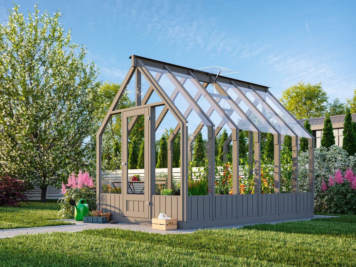 Emilia M (2.4x3.6m | 8.2m2 | 18mm) Modern Greenhouse (Painted Grey or Pressure Treated)