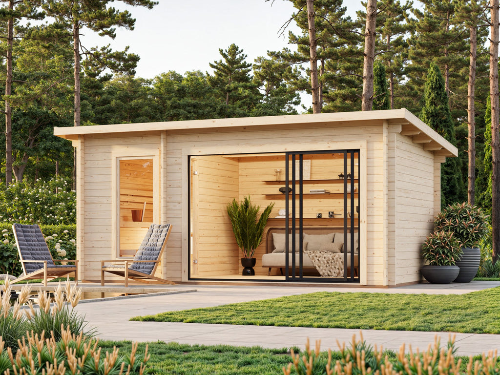 Sanna Sauna XL (5.2x2.9m | 12.8m2 | 44mm) Modern Sauna & Garden Room with Sliding Doors - Palmako UK