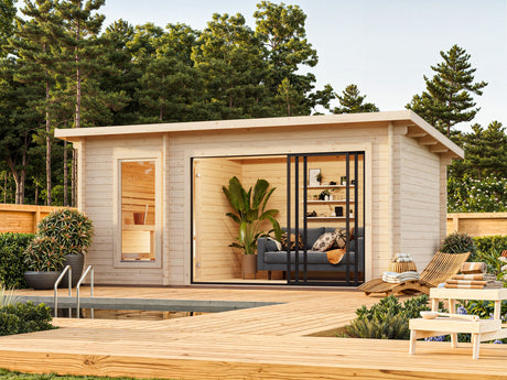 Sanna Sauna XL (5.2x2.9m | 12.8m2 | 44mm) Modern Double Glazed Sauna & Garden Room with Sliding Doors - Palmako UK