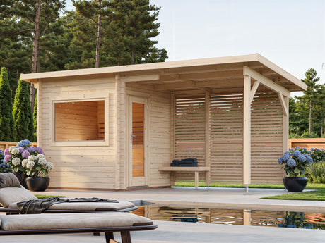 Sanna S+ (5.1x2.3m | 4.1+5.9 m2 | 44mm) Modern Outdoor Sauna with Canopy - Palmako UK
