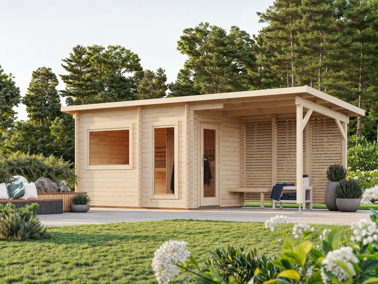 Sanna M+ (6.5x2.5m | 6.8+5.9m2 | 44mm) Modern Garden Sauna with Dressing Room and Canopy