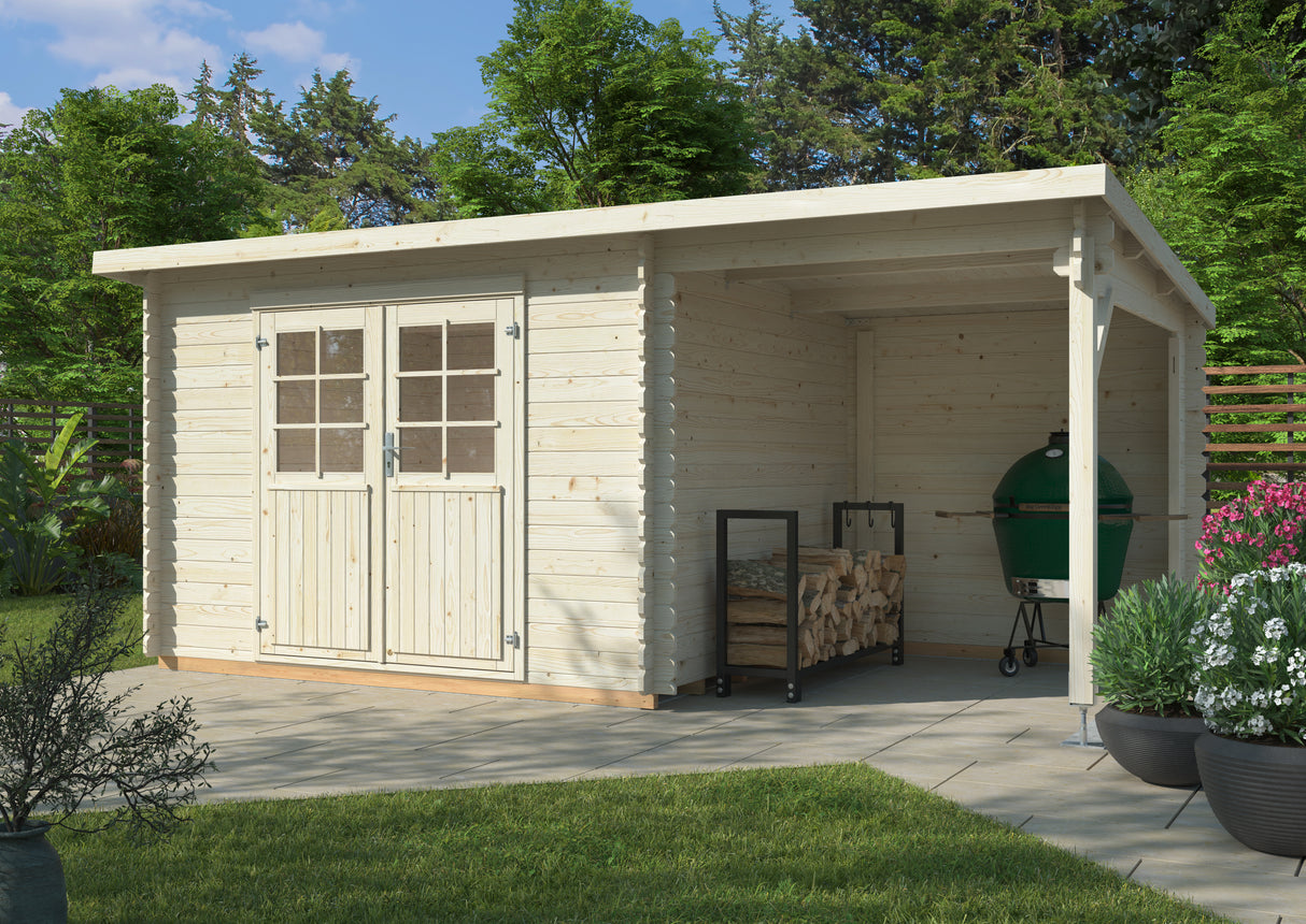 Malta 2 with 4,6 m2 Canopy (4,9x2,5m | 7,2+4,6m2 | 28mm) Double Door Pent Roof Cabin with Side Canopy