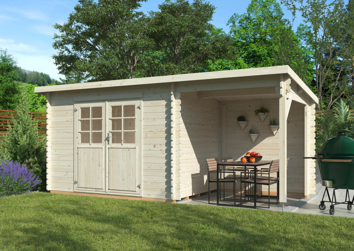 Malta 1 with 3,6 m2 canopy (5,1x2,2m | 5,7m2 | 28mm) Pent Roof Log Shed with Side Canopy