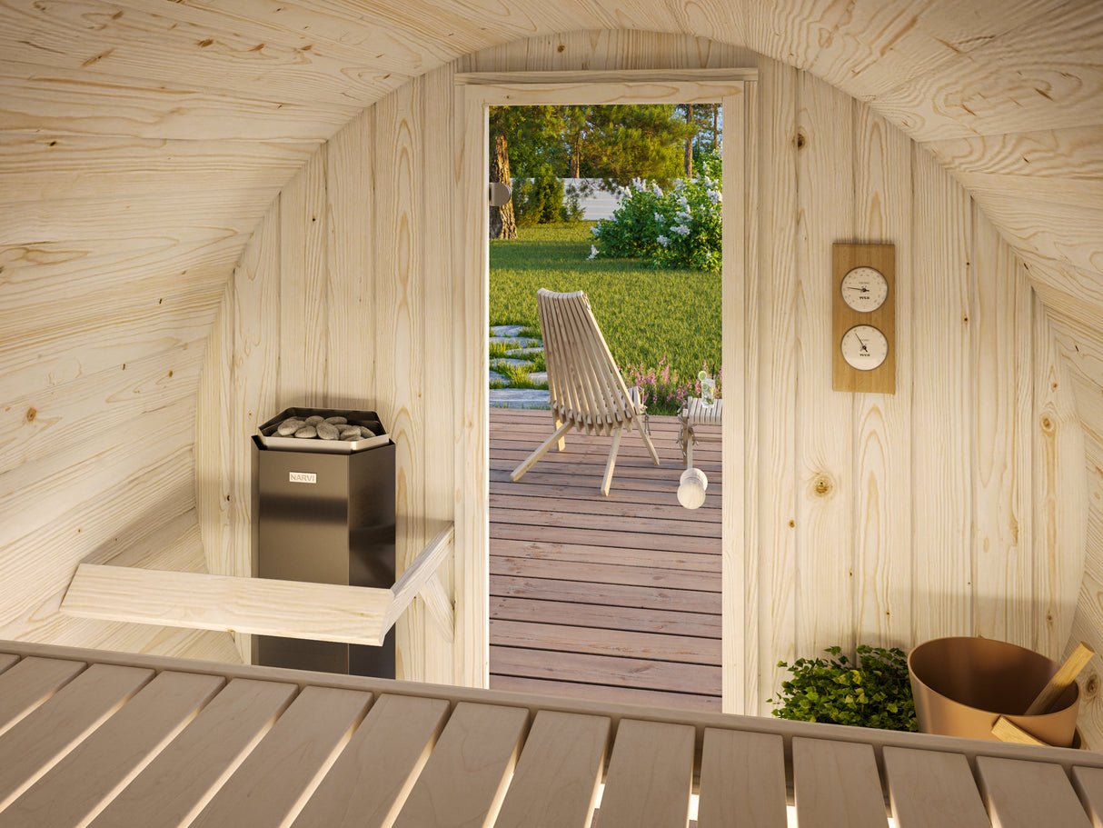 Bundle Deal: Anita S Barrel Sauna + 3.6kW Heater, Stones and Roof Cover Included