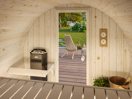 Bundle Deal: Anita S Barrel Sauna + 3.6kW Heater, Stones and Roof Cover Included