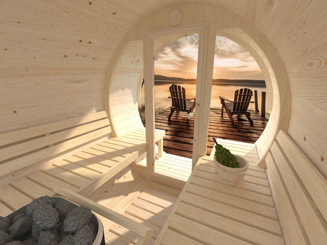 Anita M (2.2x2.5m | 1.3+0.7m2 | 42mm) Timber Garden Barrel Sauna with Glass wall