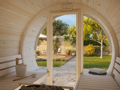 Anita M (2.2x2.5m | 1.3+0.7m2 | 42mm) Timber Garden Barrel Sauna with Glass wall - Palmako UK
