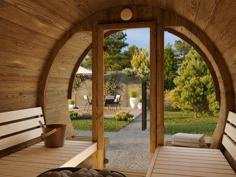 ANITA Thermo M Glass (2,2x2,5m|1,3m2|42mm) Thermowood Barrel Sauna with Glass Wall