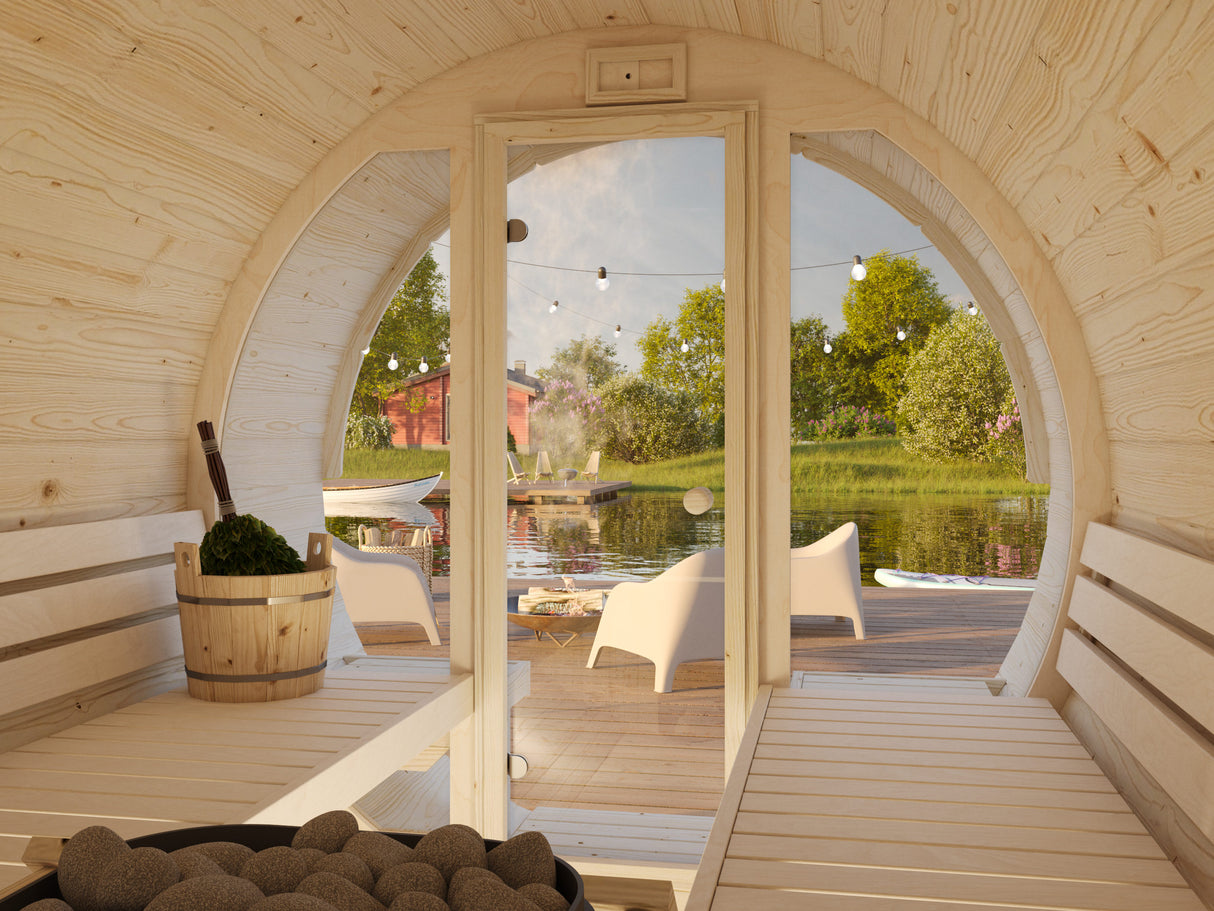 Anita L (2.2x2.9m | 1.6+0.7m2 | 42mm) Timber Garden Barrel Sauna with Glass wall - Palmako UK