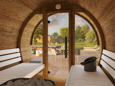ANITA Thermo L Glass (2,2x2,9m|1,6m2|42mm) Thermowood Barrel Sauna with Glass Wall