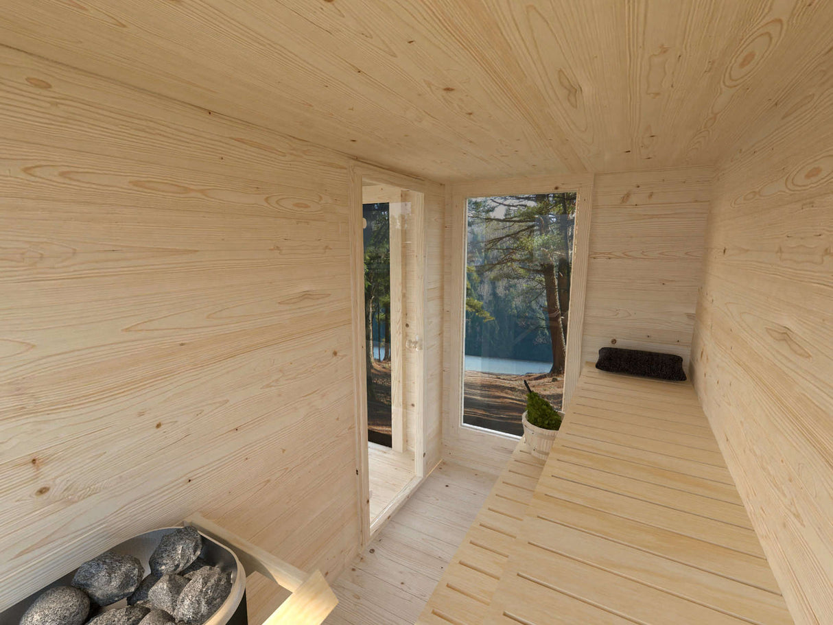 Sanna Sauna XL (5.2x2.9m | 12.8m2 | 44mm) Modern Double Glazed Sauna & Garden Room with Sliding Doors
