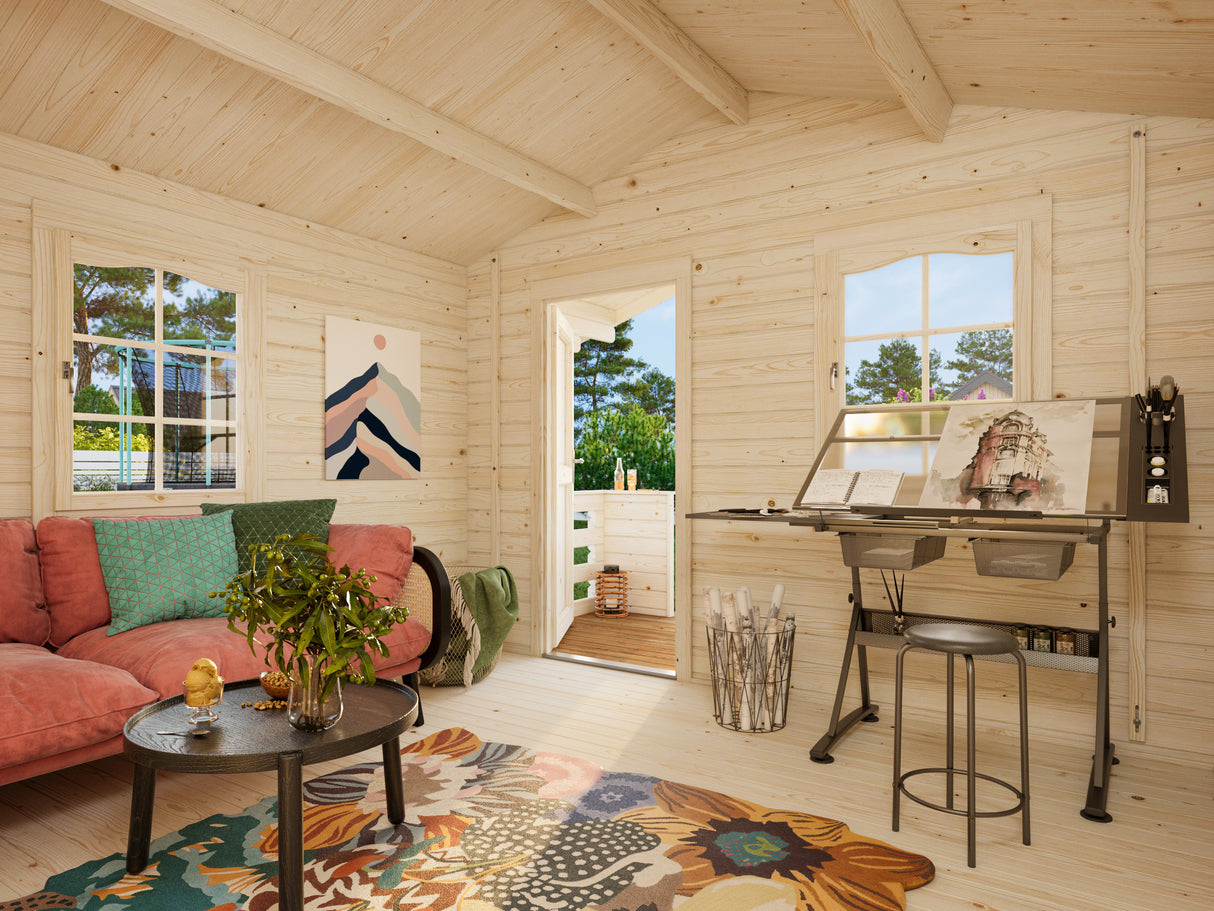 Emma L (3.5x3.5m | 10.4+4.2m2 | 34mm) Alpine Style Log Cabin with Terrace and Shutters