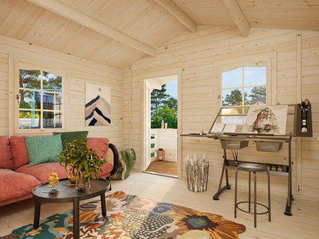 Emma L (3.5x3.5m | 10.4+4.2m2 | 34mm) Alpine Style Log Cabin with Terrace and Shutters