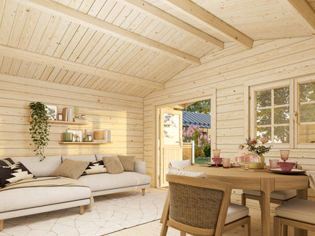 Helena S (4.7x3.8m | 15.1m2 | 70mm) Double Glazed Heavy Duty Garden Log Cabin with Roof Overhang