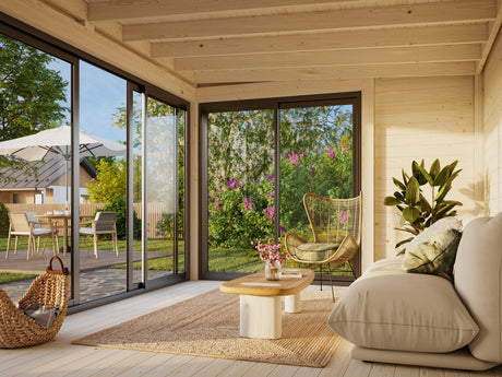 Serena 1 (4,2x3,2m|12,6m2|44mm ) Cubic Corner Log Cabin with Aluminium Doors and Windows(Double or Single Glazed)