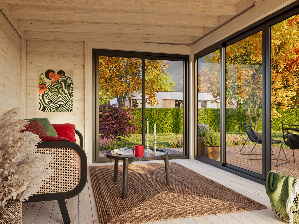 Serena 2 (4,2x3,2m|12,6m2|44mm ) Cubic Garden Log Cabin with Aluminium Doors and Windows(Double or Single Glazed)