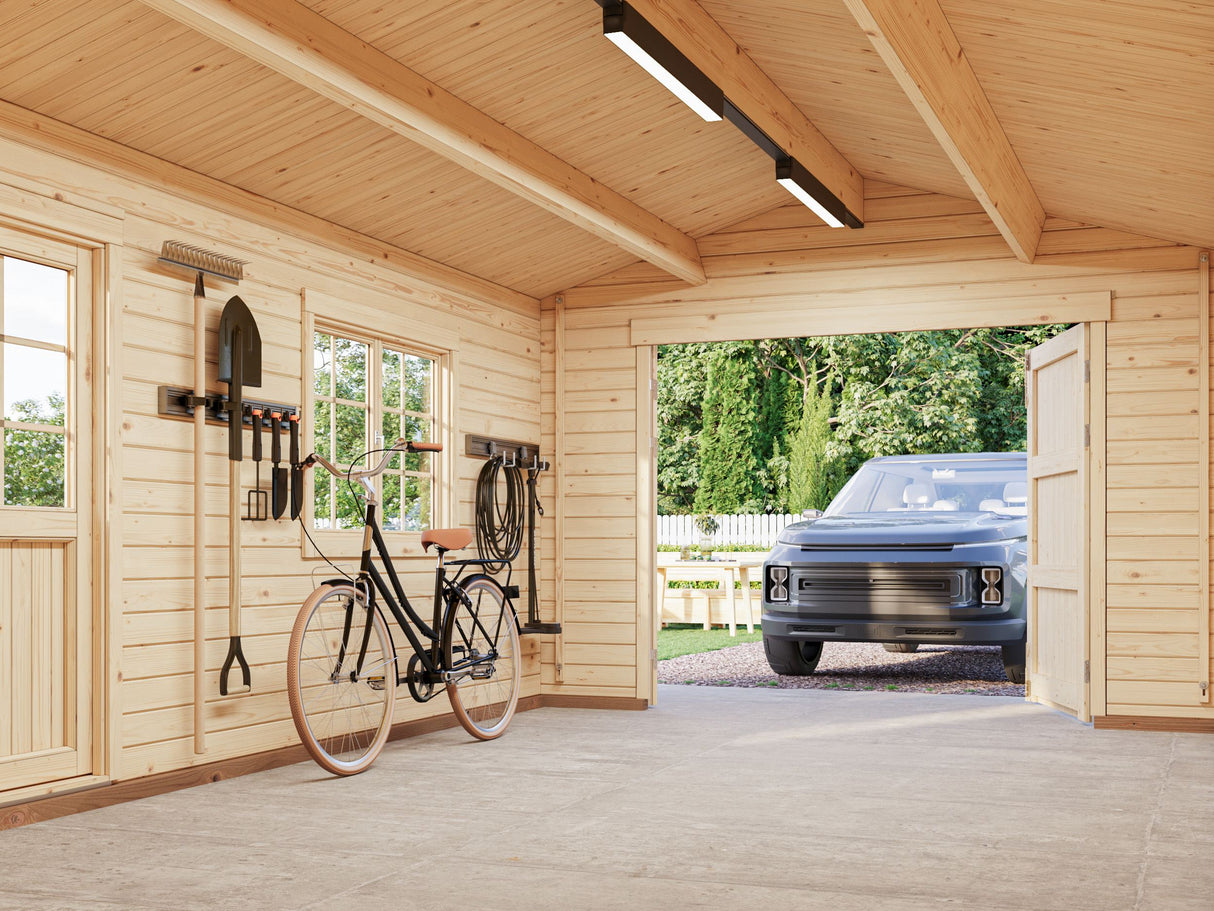 Roger XS (3.8x5.7m | 19m2 | 44mm) Compact Timber Log Garage with Wooden Doors - Palmako UK