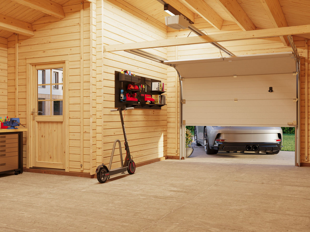 Roger M (5.3x5.7m | 21.9+5.2m2 | 44mm) Log Garage with Sectional Door and Canopy - Palmako UK